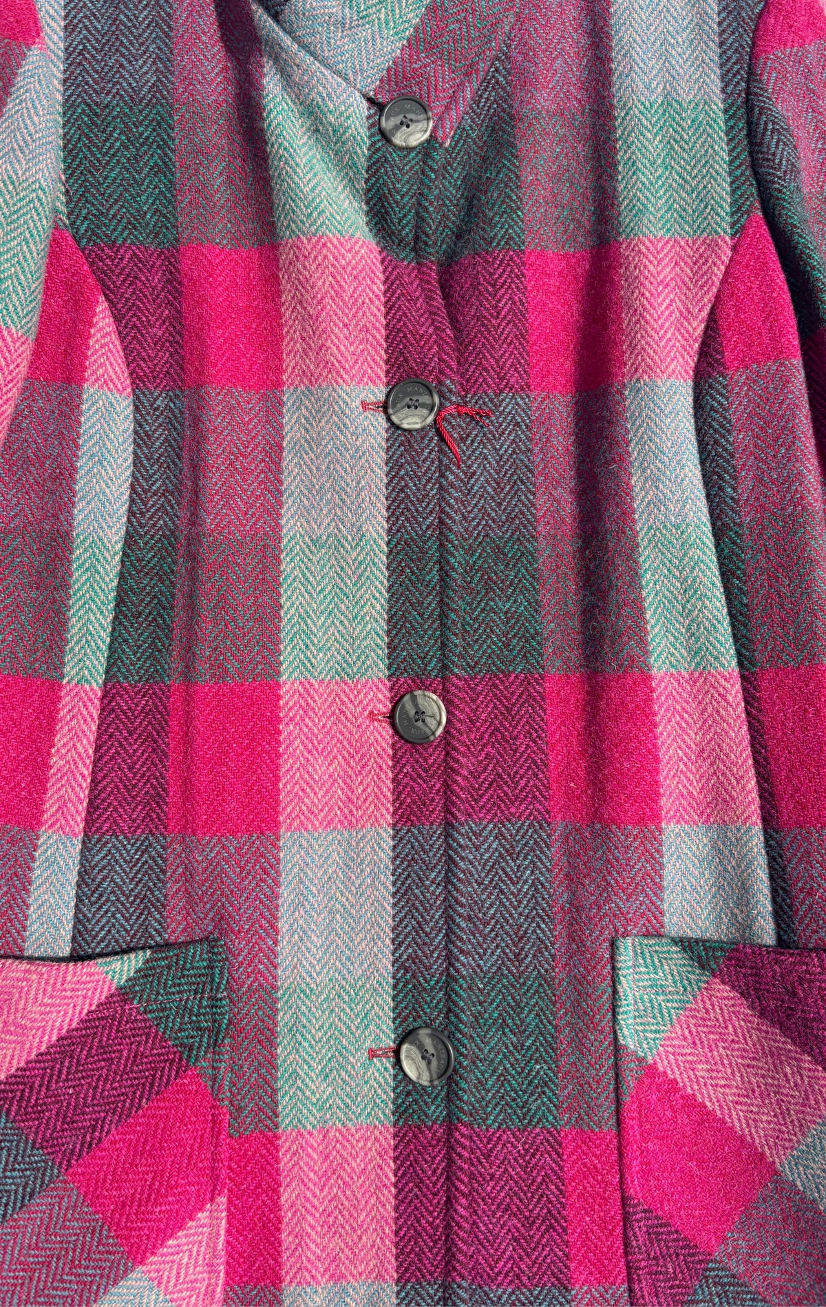Harris Tweed Funnel Neck Coat in Cerise & Grey