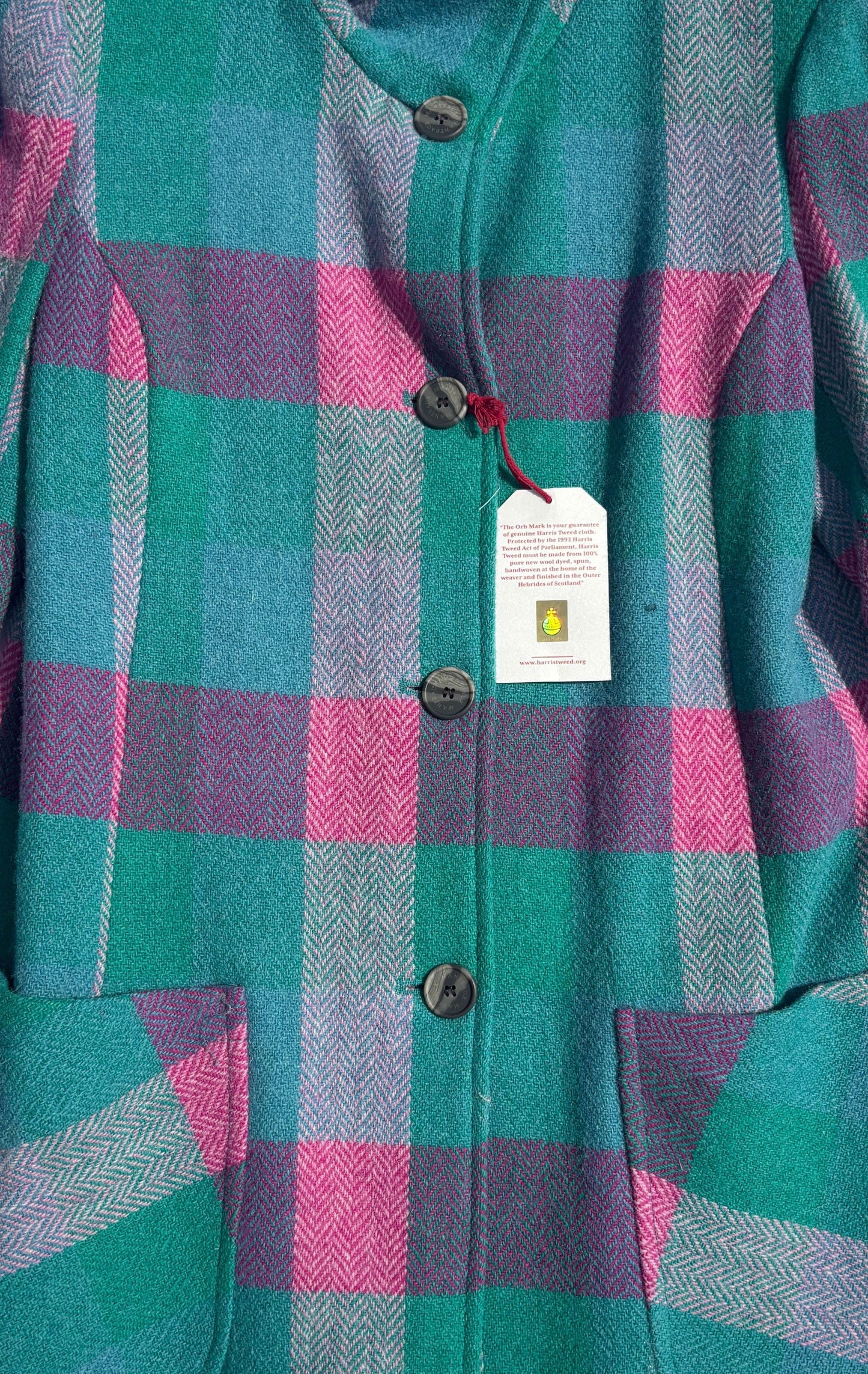 Harris Tweed Funnel Neck Coat in Cerise & Sea Grass