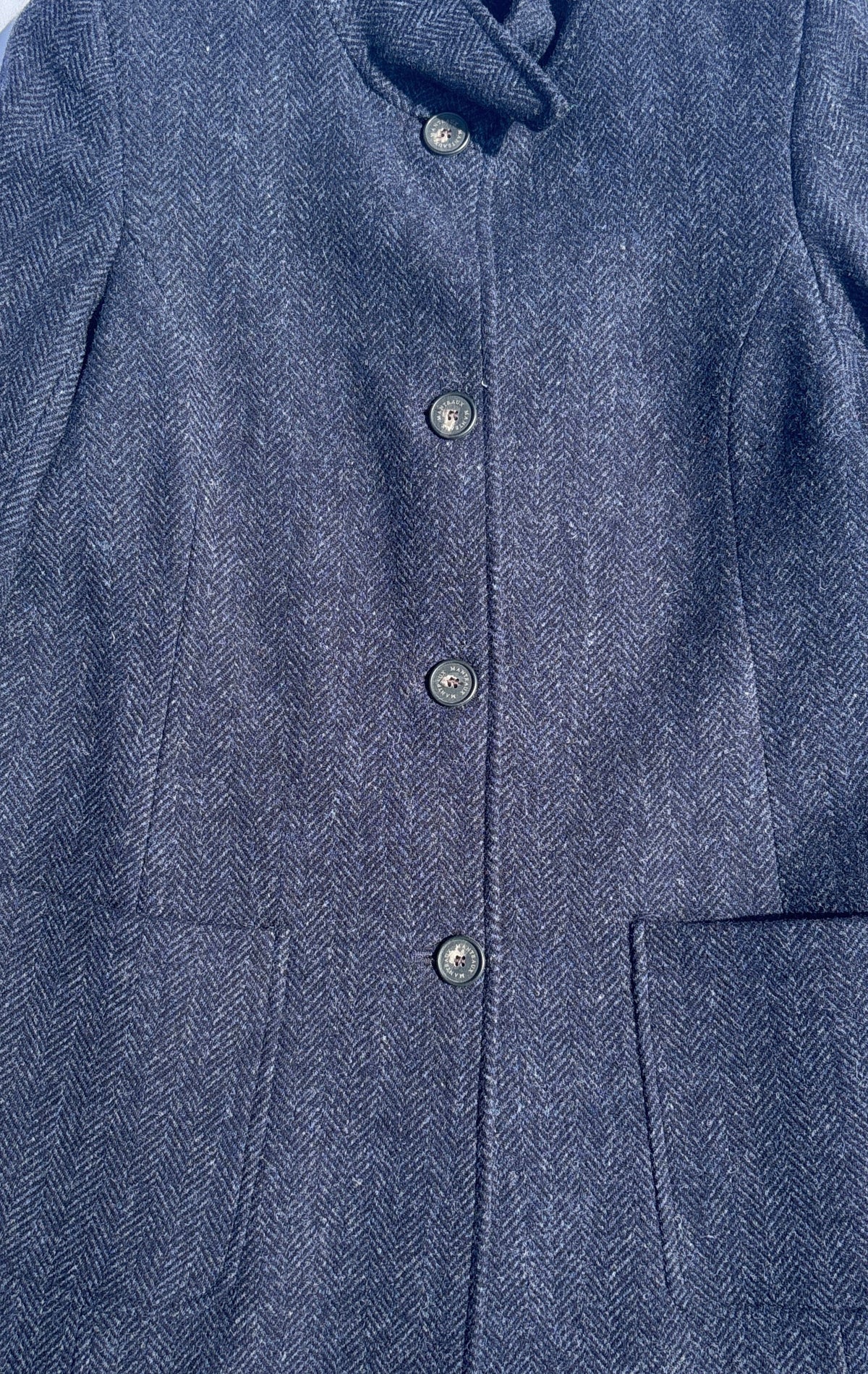 Herringbone Wool Funnel Neck Coat in Navy