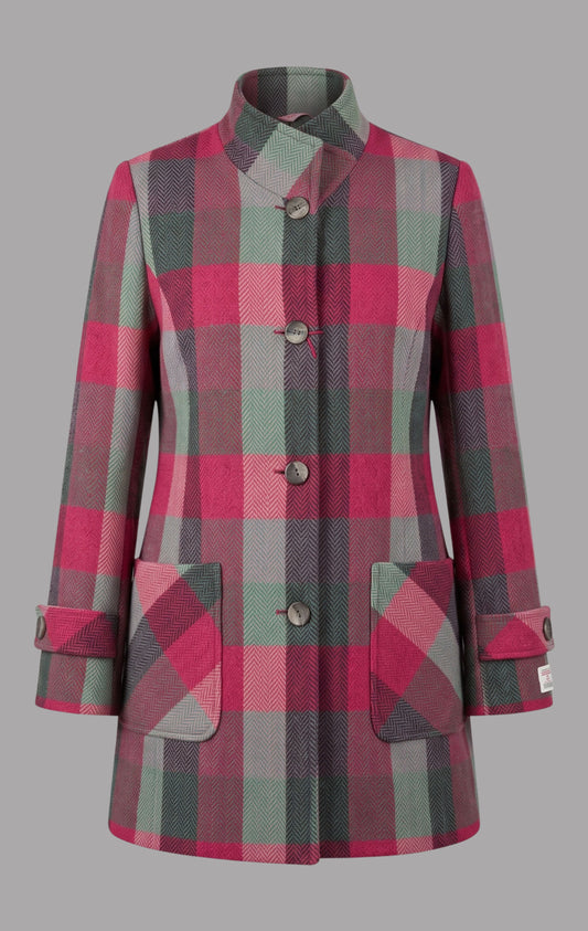 Harris Tweed Funnel Neck Coat in Cerise & Grey