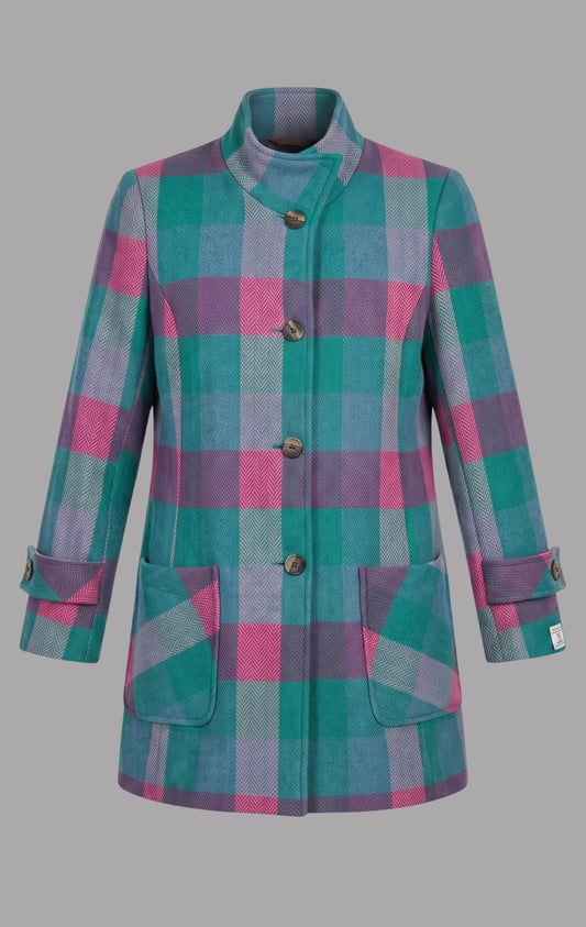 Harris Tweed Funnel Neck Coat in Cerise & Sea Grass