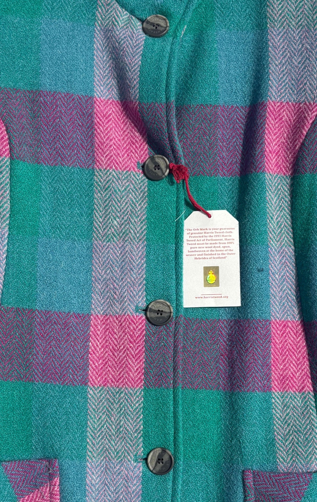 Harris Tweed Funnel Neck Coat in Cerise & Sea Grass