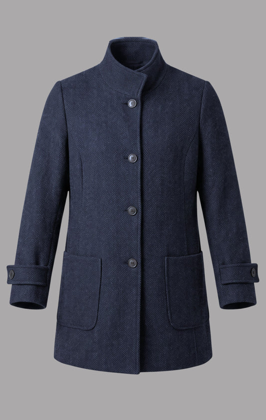 Herringbone Wool Funnel Neck Coat in Navy