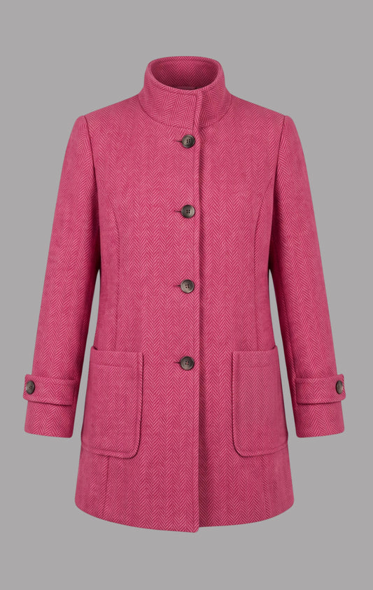 Herringbone Wool Funnel Neck Coat in Hot Pink