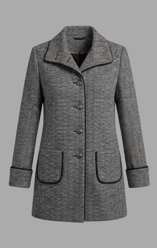 Herringbone Wool Iona Coat in Black & Grey