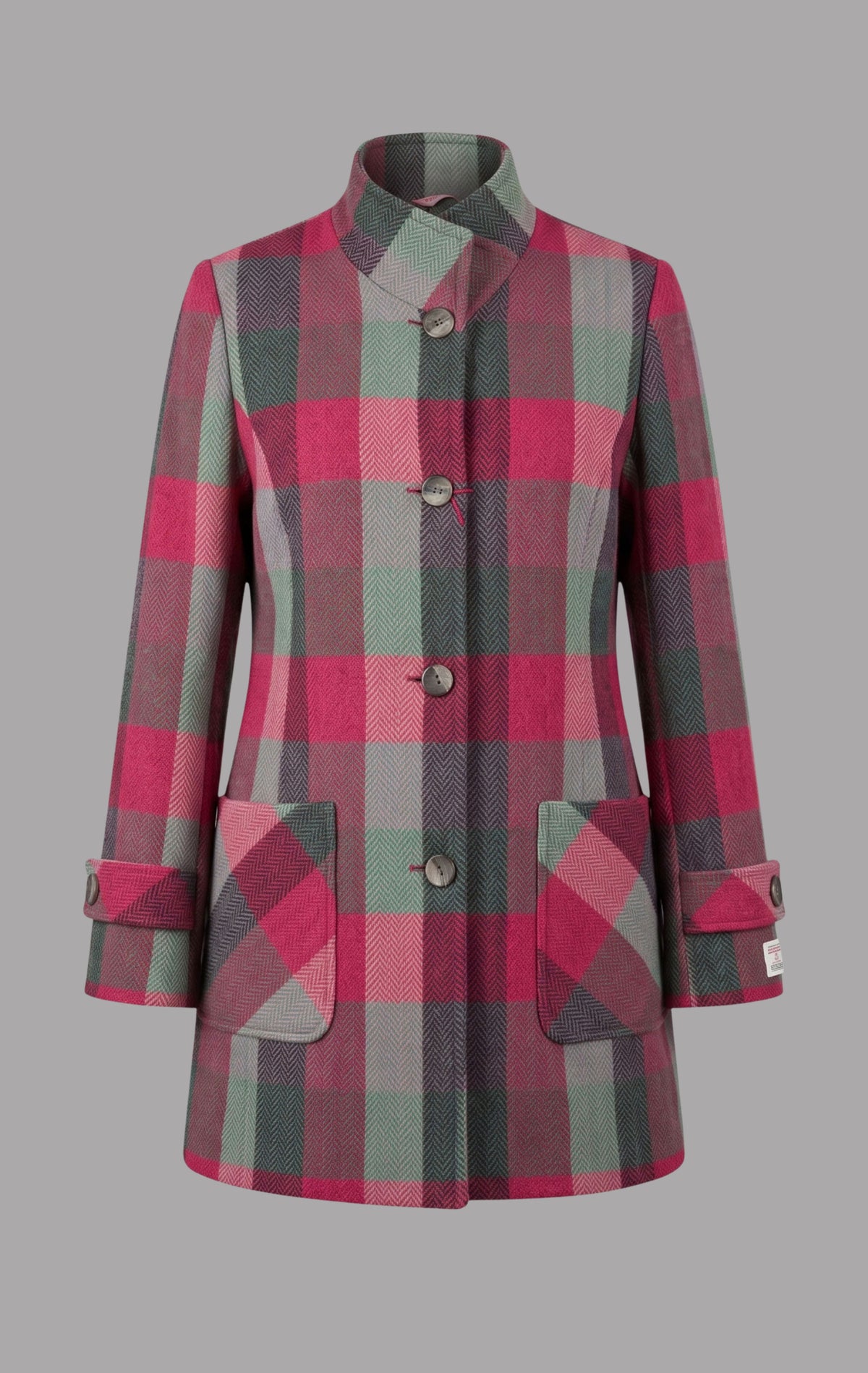 Harris Tweed Funnel Neck Coat in Cerise & Grey