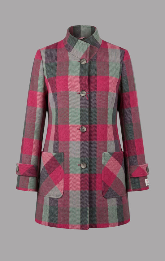 Harris Tweed Funnel Neck Coat in Cerise & Grey