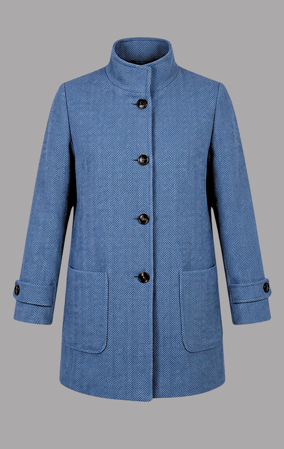 Herringbone Wool Funnel Neck Coat in Sky Blue