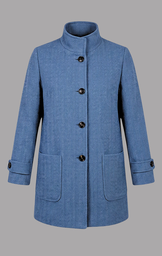 Herringbone Wool Funnel Neck Coat in Sky Blue